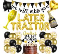 Leaving Party Decorations Balloon Set - 37Pcs Black Gold Theme Retired Balloons Including We Will Miss You Banner, Later Traitor Letter Black and Gold Balloons for Good Luck Retirement Party Supplies