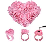 LEAYOKA 300pcs Lash Glue Rings for Eyelash Extensions - Pink Heart-Shaped Lash Glue Rings Glue Holder Cups for Volume Lashes Reusable Beauty Tool with Adjustable Finger Ring