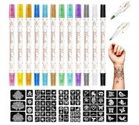 LEAYOKA Tattoo Pens Children's Kit with 12 Colours, Temporary Tattoo Marker, 3 Large Stencils, Skin-Friendly Body Colouring Pens for Children and Adults, Water-soluble Tattoos Pen for Children