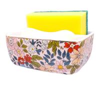 LEAZUL 2 Compartments Ceramic Sponge Holder for Kitchen Sink, Cute Floral Countertop Dish Sponges Holder Soap Sink Organizer Farmhouse Caddy Vintage Pink
