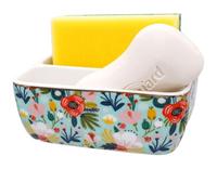 LEAZUL 2 Compartments Ceramic Sponge Holder for Kitchen Sink, Cute Floral Countertop Dish Sponges Holder Soap Sink Organizer Farmhouse Caddy