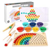 LEAZZLE Wooden Montessori Toy, Rainbow Clip Beads Board Games, Puzzle & Skill Games & Maths Educational Toy, Colours Sorter, Stacking Toy for Ages 3, 4, 5, 6 Years, Creative Children's Gifts