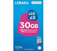 Lebara Mobile SIM Card: 30GB Data SIM Only Plan for £5, Half Price for First 3 Months, No Contract, UK Calls, Texts, International Minutes, EU and India Roaming Included, Fits All Devices