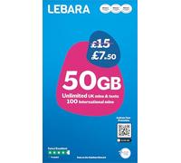 Lebara Mobile SIM Card: 50GB Data Plan for £7.50, Half Price for First 3 Months, No Contract, UK Calls, Texts, International Minutes, EU and India Roaming Included, Fits All Devices