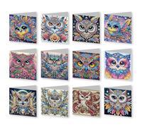 Lebartm 12Pcs Christmas Folding Greeting Card DIY Diamond Art Painting Creative Design Thank You Cards Blessing Gift Greeting Card Set for Birthday Christmas Crafts Gift-Owl02