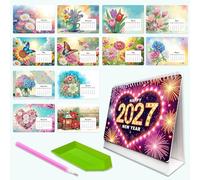 Lebartm 2027 DIY Diamond Art Desk Calendar Creative Design Thick Paper Calendar Ornaments Diamond Art Painting Monthly Flip Tabletop Calendar for Office Home Planning-Flowers