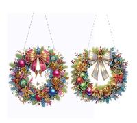Lebartm 2Pcs DIY Diamond Art Painting Penant Ornament Christmas Wreath Openwork Design Hanging Double Sided Pattern Single Sided for Home Garden Wall Door Decor-Wreath01