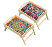 Lebartm 2Pcs DIY Diamond Bed Tray Table with Folding Legs Diamond Art Painting Handmade Wooden Dinner Plate Portable Laptop Tray Breakfast Trays for Sofa Bed Snacking Working