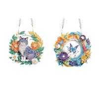 Lebartm 2Pcs DIY Diamond Pendant Ornament Butterfly Cat Garland Special Shaped Crystal Diamond Painting Hanging Single Sided Diamond Ornament for Adult Home Garden Wall Door Decor