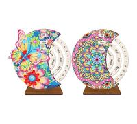 Lebartm 2Pcs DIY Diamond Perpetual Calendar Diamond Art Painting Wooden Manual Rotating Desk Round Perpetual Calendar Ornament Single Sided Drill Tabletop Ornaments for Home Decor-01