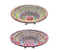 Lebartm 2Pcs DIY Diamond Wooden Snack Storage Tray Diamond Art Painting Mandala Candy Plate Retractable with Stand Round Handmade Serving Platter Set for Vegetables Bread Snack Kitchen Home
