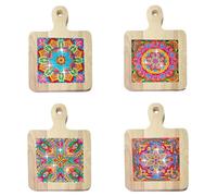 Lebartm 4Pcs DIY Diamond Handheld Square Placemat Diamond Art Painting Creative Design Wooden Panel Tea Mat with Handle Kitchen Place mats Craft Supplies for Home Organizer-Mandala01