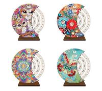 Lebartm 4Pcs DIY Diamond Perpetual Calendar Diamond Art Painting Wooden Manual Rotating Calendar Ornament Desk Round Perpetual Calendar Single Sided Diamond Tabletop Ornaments for Home Decor-02