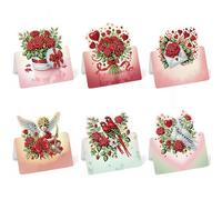 Lebartm 6Pcs 3D Foldable Greeting Card Valentine's Day DIY Diamond Art Painting Folding Thank You Cards with White Envelopes Blessing Greeting Card Set for Festival Holiday-Rose