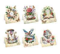 Lebartm 6Pcs 3D Folding Greeting Card DIY Diamond Art Painting Foldable Thank You Cards with White Envelopes Blessing Greeting Card Set for Festival Holiday-Retro Style