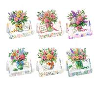 Lebartm 6Pcs 3D Folding Happy Birthday Greeting Card DIY Diamond Art Painting Foldable Thank You Cards with White Envelopes Blessing Greeting Card Set for Festival Holiday-Bouquet