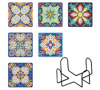 Lebartm 6Pcs Diamond Painting Coaster with Holder DIY Mandala Diamond Art Square Coasters for Adults Beginners Creative Diamond Art Craft Supplies for Home Decorations