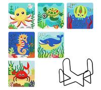 Lebartm 6Pcs Diamond Painting Coaster with Holder DIY Undersea Animals Diamond Art Square Coasters for Adults Beginners Creative Diamond Art Craft Supplies for Home Decorations