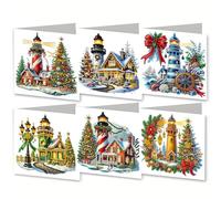 Lebartm 6Pcs DIY Folding Christmas Greeting Card Diamond Art Painting Creative Design Foldable Thank You Cards with White Envelope Blessing Greeting Card Set for Birthday Festival-Lighthouse02