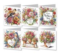 Lebartm 6Pcs DIY Folding Greeting Card Mother's Day Diamond Art Painting Foldable Thank You Cards with White Envelope Blessing Greeting Card Set for Holiday Crafts Gift-Flowers Bird