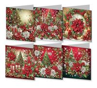 Lebartm 6Pcs Folding Christmas Greeting Card DIY Diamond Art Painting Creative Design Foldable Thank You Cards with White Envelopes Blessing Greeting Card Set for Festival Birthday-Poinsettia