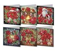 Lebartm 6Pcs Folding Christmas Greeting Card DIY Diamond Art Painting Creative Design Foldable Thank You Cards with White Envelopes Blessing Greeting Card Set for Festival Birthday-Poinsettia03