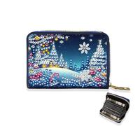 Lebartm Christmas Credit Card Holder Diamond Art Painting PU Wallet ID Card Case Zipper Anti-demagnetization Business Accordion Wallet Crafts Gift for Women Men Travel-Snow Scene