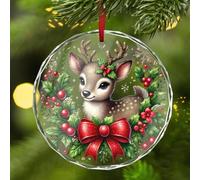 Lebartm Christmas Decorations Glass Round Pendant Printed Crystal Christmas Tree Ornaments Circular Window Hanging Pendants for Xmas Party Holiday-Deer