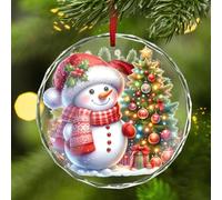 Lebartm Christmas Decorations Glass Round Pendant Printed Crystal Christmas Tree Ornaments Circular Window Hanging Pendants for Xmas Party Holiday-Snowman