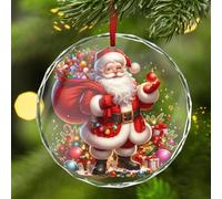 Lebartm Christmas Decorations Glass Round Pendant Printed Crystal Christmas Tree Ornaments Circular Window Hanging Pendants for Xmas Party Holiday-Santa Claus