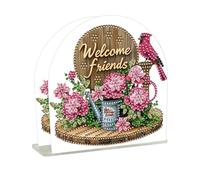 Lebartm DIY Diamond Art Painting Paper Towel Holder PET Christmas Desktop Double Sided Spot Drill Simple Paper Towel Stand Holder Organizer Ornaments for Home Office Supplies-Flowers Welcome01