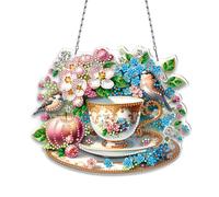 Lebartm DIY Diamond Pendant Ornament Spring PET Special Shaped Crystal Diamond Art Painting Hanging Single Sided Drill Ornament Home Garden Wall Door Decor-Teacup Bird02