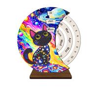 Lebartm DIY Diamond Perpetual Calendar Diamond Art Painting Wooden Manual Rotating Calendar Ornament Desk Round Perpetual Calendar Single Sided Diamond Tabletop Ornaments for Home Decor-Black Cat