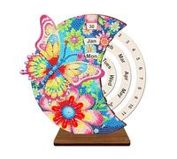 Lebartm DIY Diamond Perpetual Calendar Diamond Art Painting Wooden Manual Rotating Calendar Ornament Desk Round Perpetual Calendar Single Sided Diamond Tabletop Ornaments for Home Decor-Butterfly