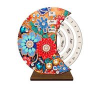 Lebartm DIY Diamond Perpetual Calendar Diamond Art Painting Wooden Manual Rotating Calendar Ornament Desk Round Perpetual Calendar Single Sided Diamond Tabletop Ornaments for Home Decor-Flower02