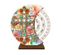 Lebartm DIY Diamond Perpetual Calendar Diamond Art Painting Wooden Manual Rotating Calendar Ornament Desk Round Perpetual Calendar Single Sided Diamond Tabletop Ornaments for Home Decor-Cross
