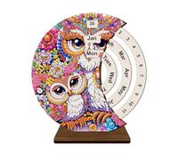 Lebartm DIY Diamond Perpetual Calendar Diamond Art Painting Wooden Manual Rotating Calendar Ornament Desk Round Perpetual Calendar Single Sided Diamond Tabletop Ornaments for Home Decor-Owl