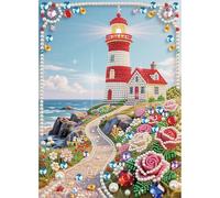 Lebartm DIY Pearl Painting Kit Unframed Colourful Canvas Gemstone Pearl Diamond Dots Beads Canvas Art Craft for Adults Beginners for Wall Home Decor-Lighthouse03