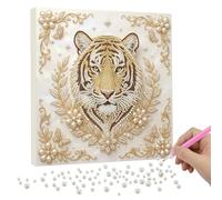 Lebartm DIY Pearl Painting Kit with Frame 9.84x9.84IN Twelve Zodiac Gemstone Diamond Dots Beads White Canvas Art Craft Display for Tabletop and Wall Mounting Home Decor-Tiger