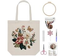 Lebartm Embroidery Tote Bag Embroidery Kit for Beginners Cross Stitch Handbag Butterfly Flowers Patterns with 7.87in Hoop Needle Threads Fabric Reusable Grocery Bag for Women-Flowers02