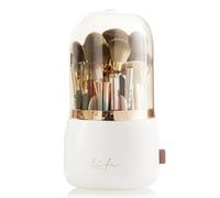 Lebenrich Rotating Makeup Brush Holder Organizer with Lid, Spinning Brush Holder Makeup Organizer with Clear Cover, Acrylic Cosmetics Make Up Brushes Storage Cup Container for Vanity (Pearl White)
