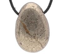 Lebensquelle Plus Pyrite Teardrop Pendant Drum Gemstone with Drilled Hole with Leather Strap