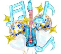 LEBKFT 14Pcs Disco Balloons Set, 22 Inch Silver Disco Ball & Rose Pink Guitar Balloons Musical Note & Star Foil Balloons for Kpop Party 80s Rock & Roll Themed Gathering Decor Reusable with Straw