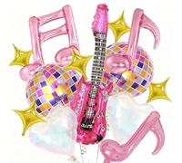 LEBKFT 14Pcs Disco Balloons Set, 22 Inch Silver Disco Ball Rose Pink Guitar Balloons Musical Note Star Foil Balloons for Kpop Party 80s Rock & Roll Birthday Decorations Reusable with Straw (Pink)
