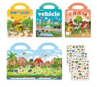 LEBKFT 3 Pack Reusable Sticker Book, Farm Dinosaur Vehicle Themes Toddler Travel Toys for Airplane and Train Rides Travel Essentials for Kids and Gift for 2-5 Years Boys Girls
