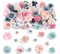 LEBKFT 40PCS Artificial Flower Heads, Pink & Blue Silk Fake Flowers for DIY Crafts Cake Decorations Wedding & Home Décor Mixed Sizes for Floral Arrangements (Blue & Pink)