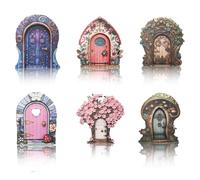 LEBKFT 6 Pack Fairy Doors Set, Wooden Fairy Garden Accessories for Outdoor Trees Whimsical Enchanting Fairy Houses Ornaments Durable Garden Door for Magic Tree Displays Yard and Lawn Decor (Type A)