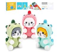LEBKFT Crochet Kit for Beginners, Crochet Animal Kits with Step-by-Step Video Tutorials Yarn and Knitting Hook Set Crocheting Kit for Kids and Adults (3 Dinosaur Cats)