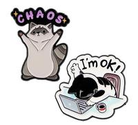 LEBKFT Cute Raccoon and Black Cat Enamel Pin Set, Funny Chaos Trash Panda Brooches Cute Pin Badges for Backpacks and Bags Gift for Animal Enthusiasts Raccoon and Cat Lovers