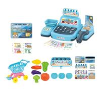 LEBKFT Interactive Cash Register Toy for Kids 3+, Pretend Play Shop with Scanner Sounds Play Money Coins Shopping Basket Credit Card and Food Role Play Toys for Boys and Girls Gift (Blue)
